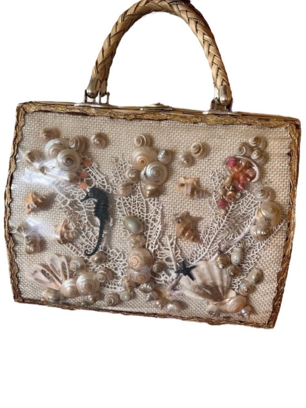 1950s 1960s Vintage Wicker Seashell Purse Handbag Woven Seahorse Starfish